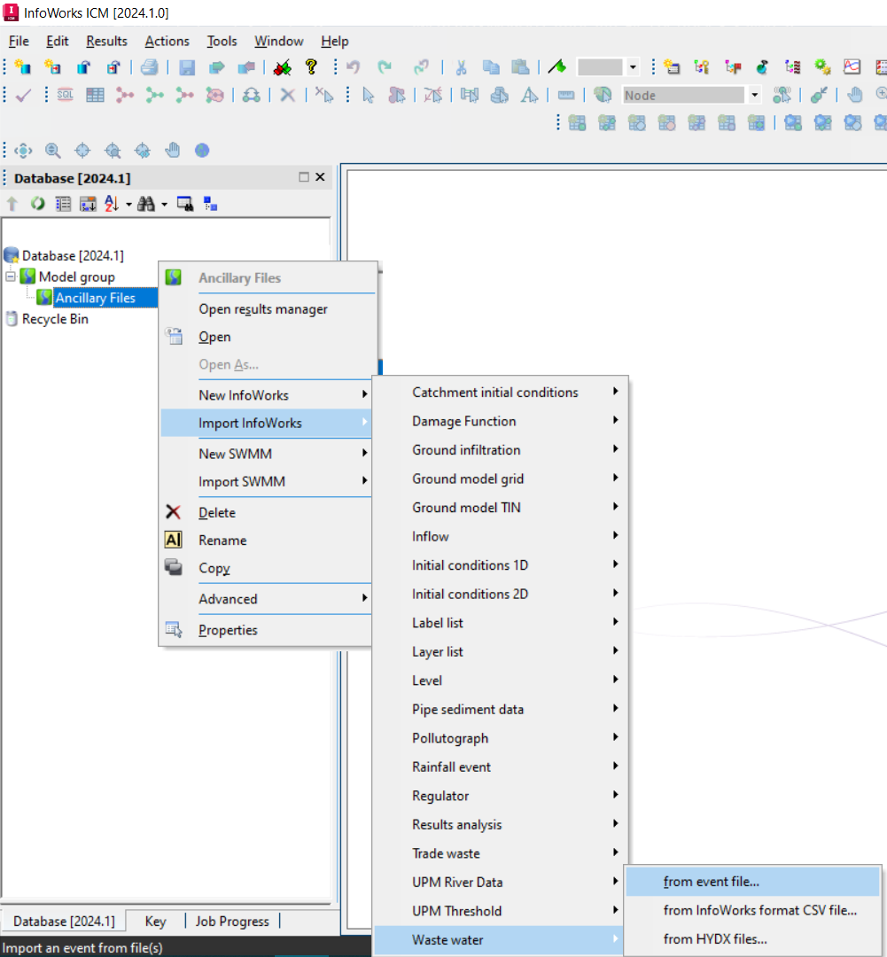 In the ICM Model Group, the Ancillary Files shortcut menu with Import InfoWorks selected, Waste water selected in the first flyout, and in the second flyout, from event file selected.