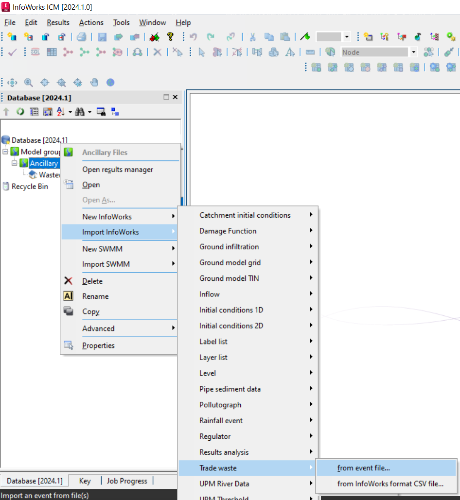 In the Model Group, the Ancillary Files shortcut menu with Import InfoWorks selected, Trade waste selected in the first flyout, and in the second flyout, from event file selected.