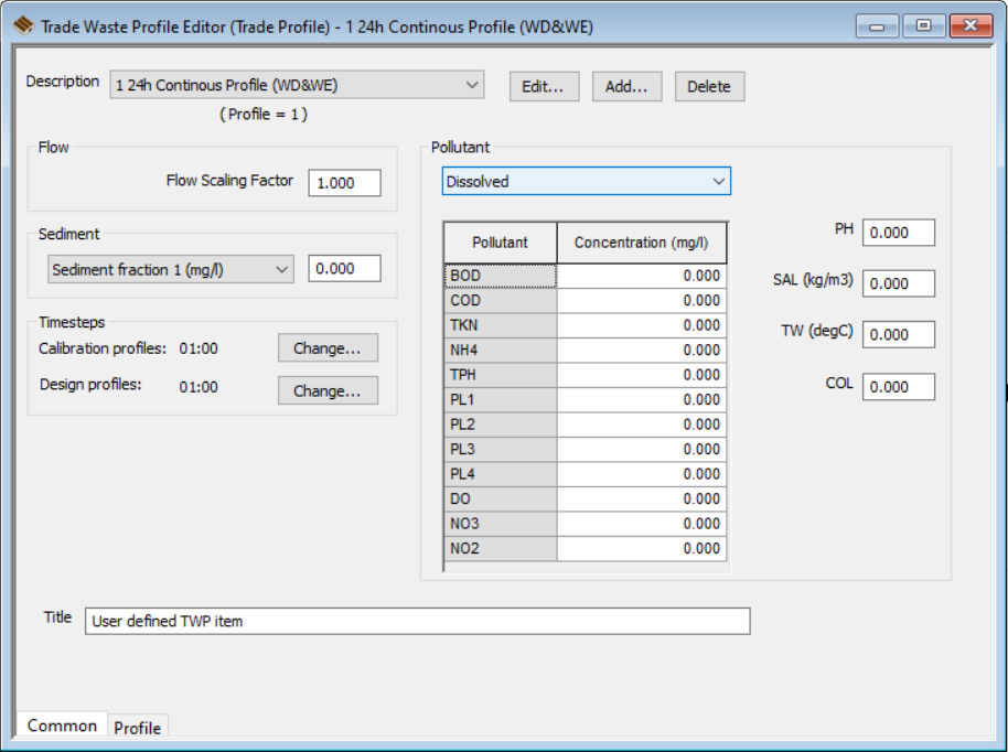 The Trade Profile Editor, Common tab, which includes profile settings for flow, sediment, timesteps and pollutants.