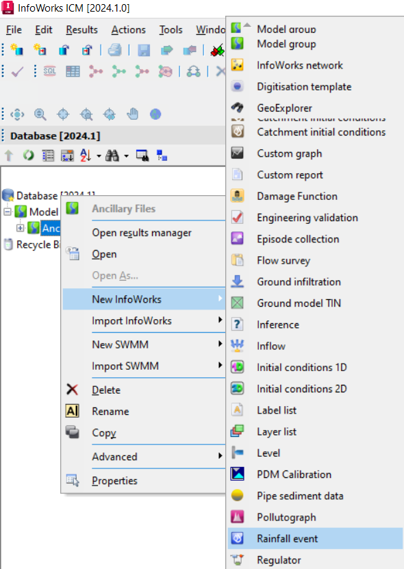 In the InfoWorks ICM interface, the Model Group shortcut menu with New InfoWorks selected, and in the flyout, Rainfall event selected.