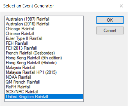 The Select an Event Generator popup, with United Kingdom Rainfall selected in the list.