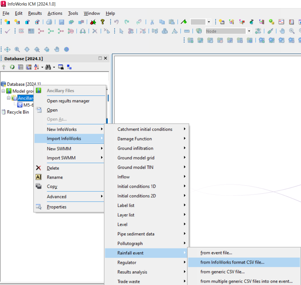 The Model Group shortcut menu with Import InfoWorks selected, Rainfall event selected in the first flyout, and in the second flyout, from InfoWorks format CSV file selected.