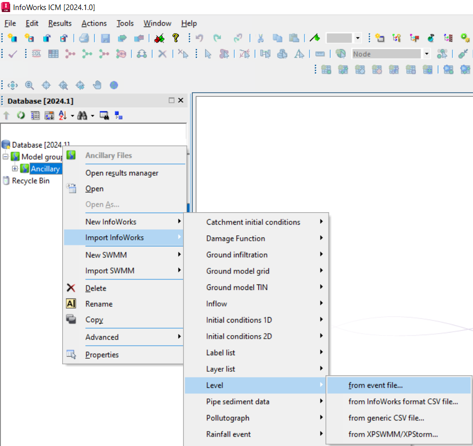 In the ICM Model Group, the Ancillary Files shortcut menu with Import InfoWorks selected, Level selected in the first flyout, and in the second flyout, from event file selected.