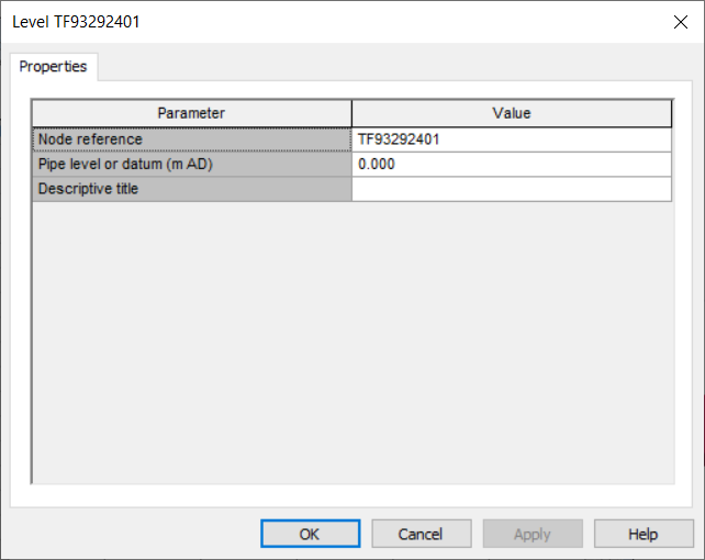 The Level Profile Properties dialog box with parameters, such as Node reference and Pipe level or datum, displayed in table format.