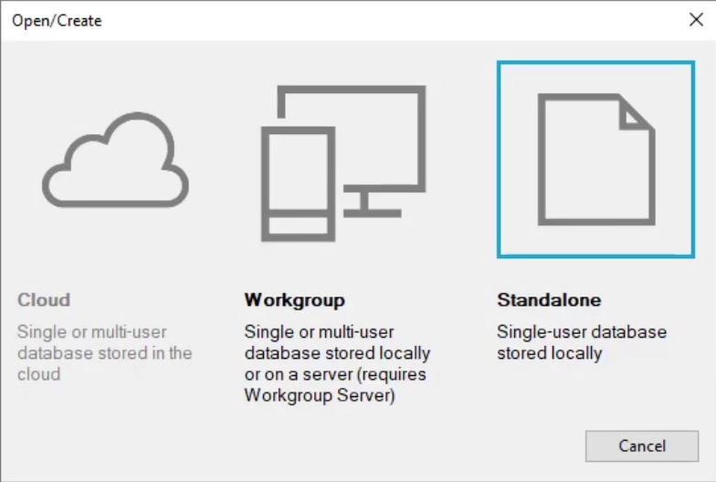 The Open/Create dialog for selecting a Cloud, Workgroup, or Standalone database, with Standalone selected.