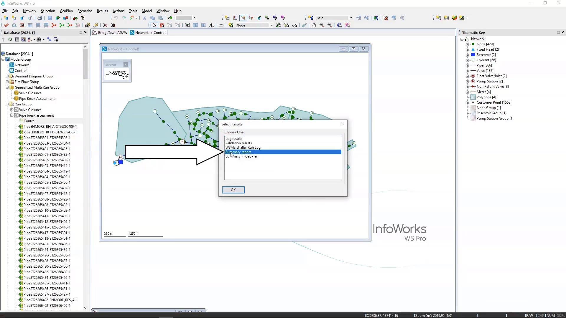 In the Model Group, a Pipe break assessment is expanded; relevant results are open on the GeoPlan; and in the Select Results dialog, Summary report is selected and called out.