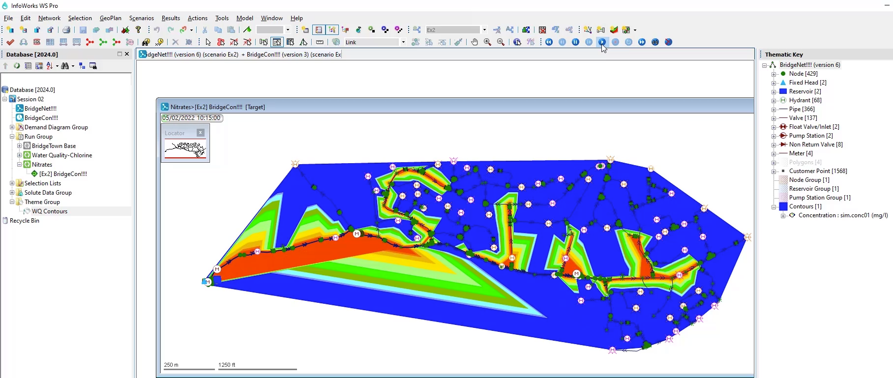 In the Model Group, the WQ Contour theme is selected; and in the GeoPlan, a simulation showing nitrate concentrations over time is playing.