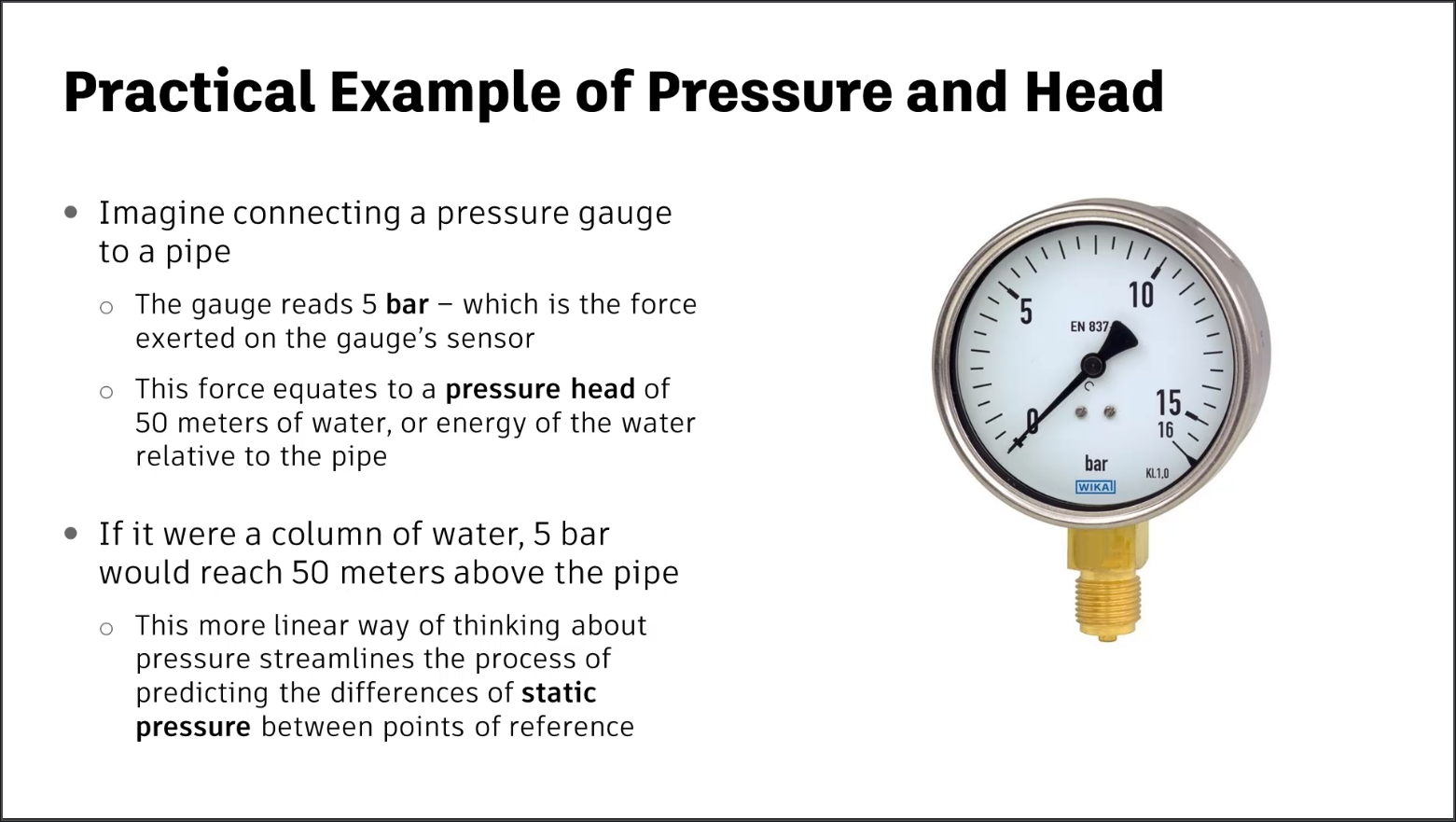 A presentation slide outlining a practical example of pressure and head.