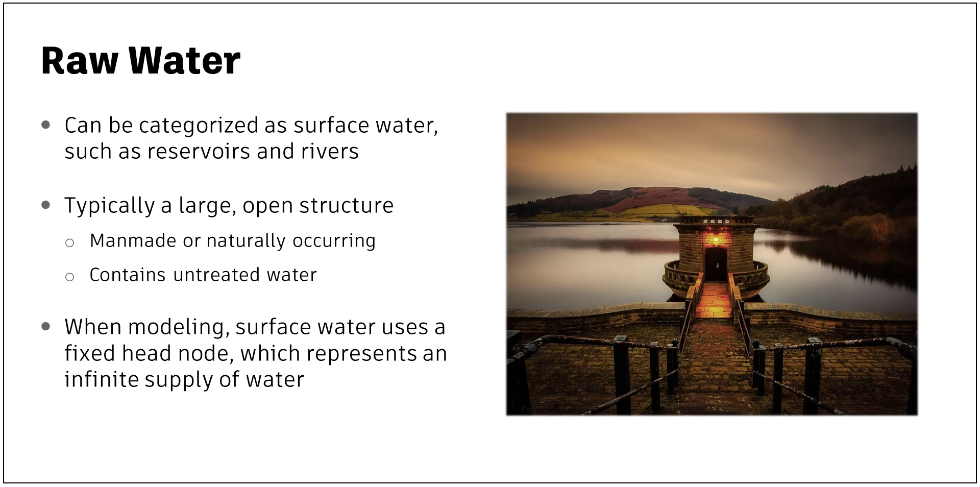 A presentation slide with information about raw water.