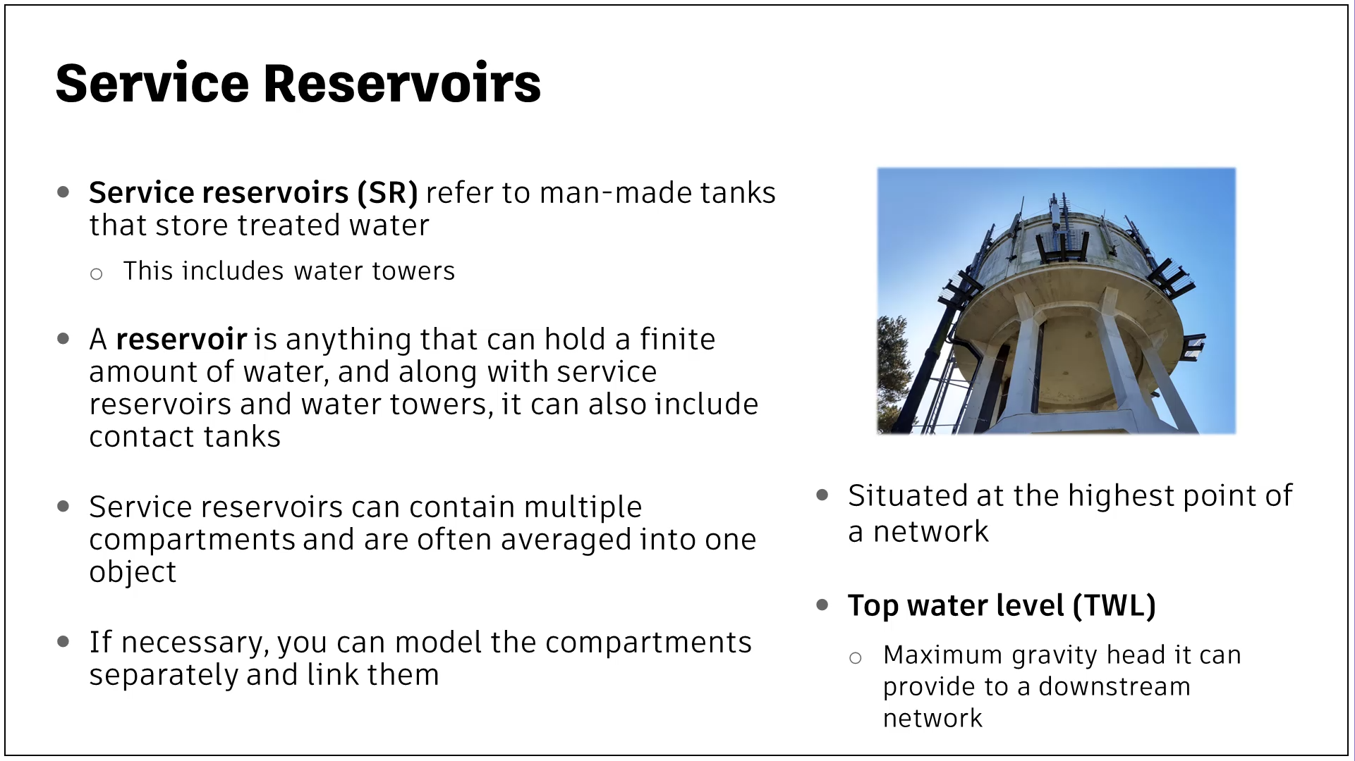 A presentation slide with information about service reservoirs and top water level.