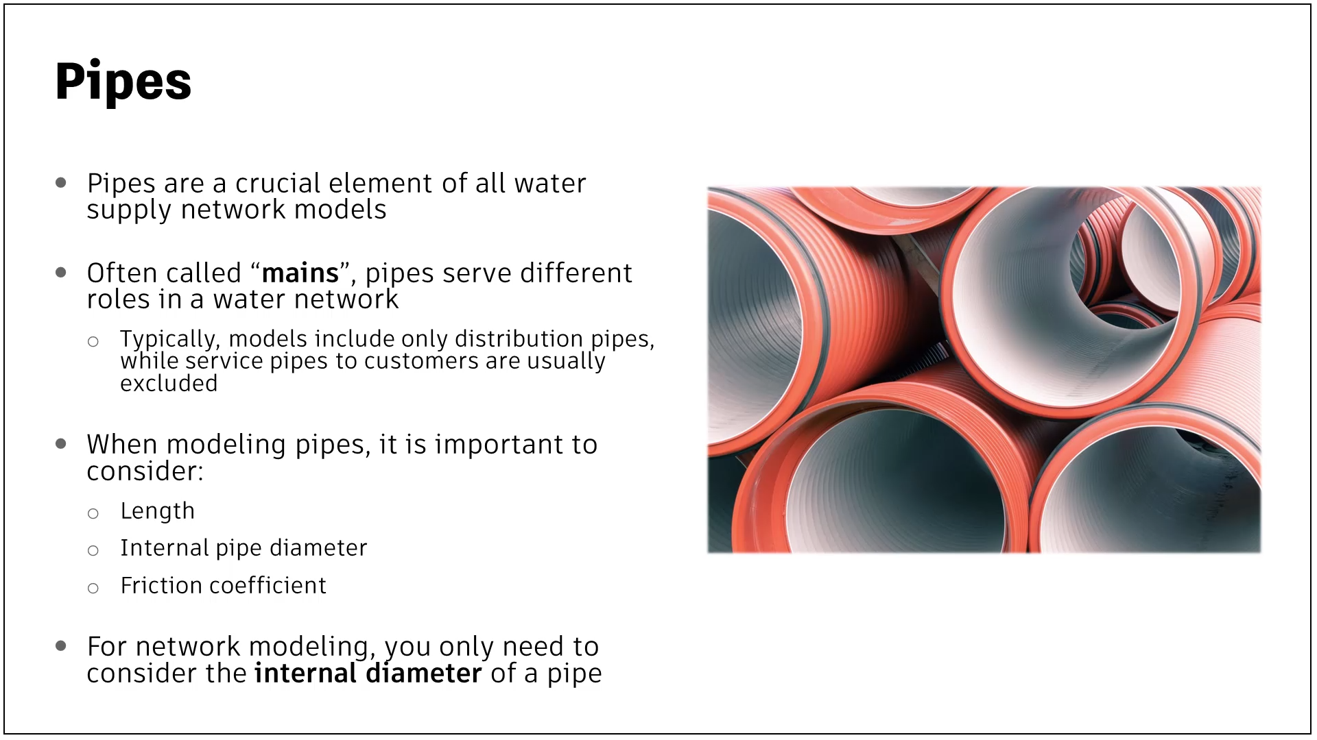 A presentation slide displaying information about the role of pipes in network modeling.