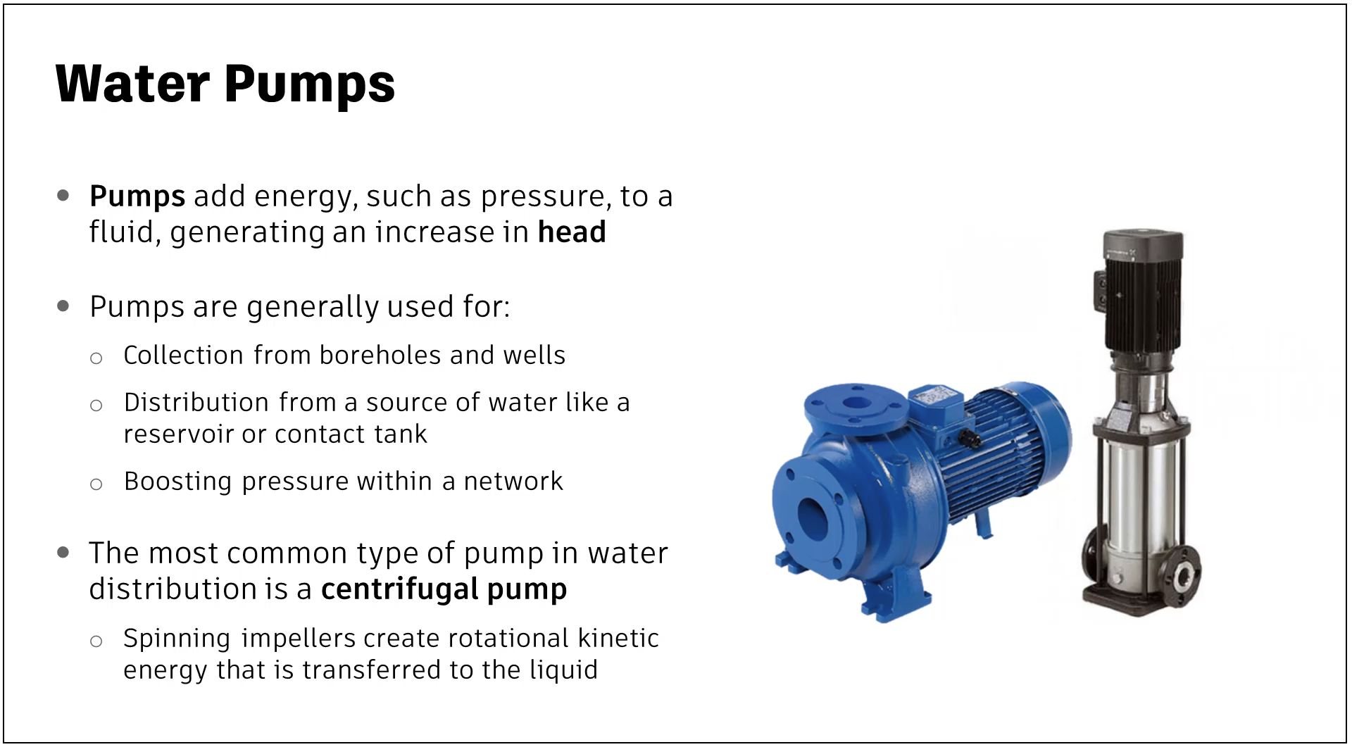 A presentation slide outlining the functions of water pumps.