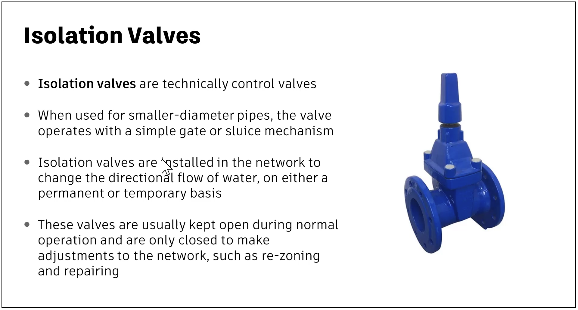 A presentation slide outlining information about isolation valves.