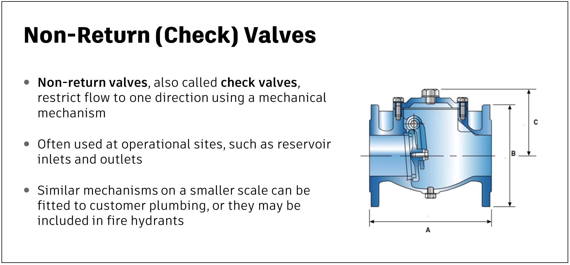 A presentation slide outlining information about non-return valves, also known as check valves.