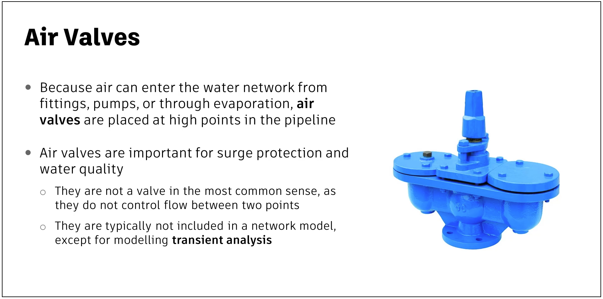 A presentation slide outlining information about air valves.