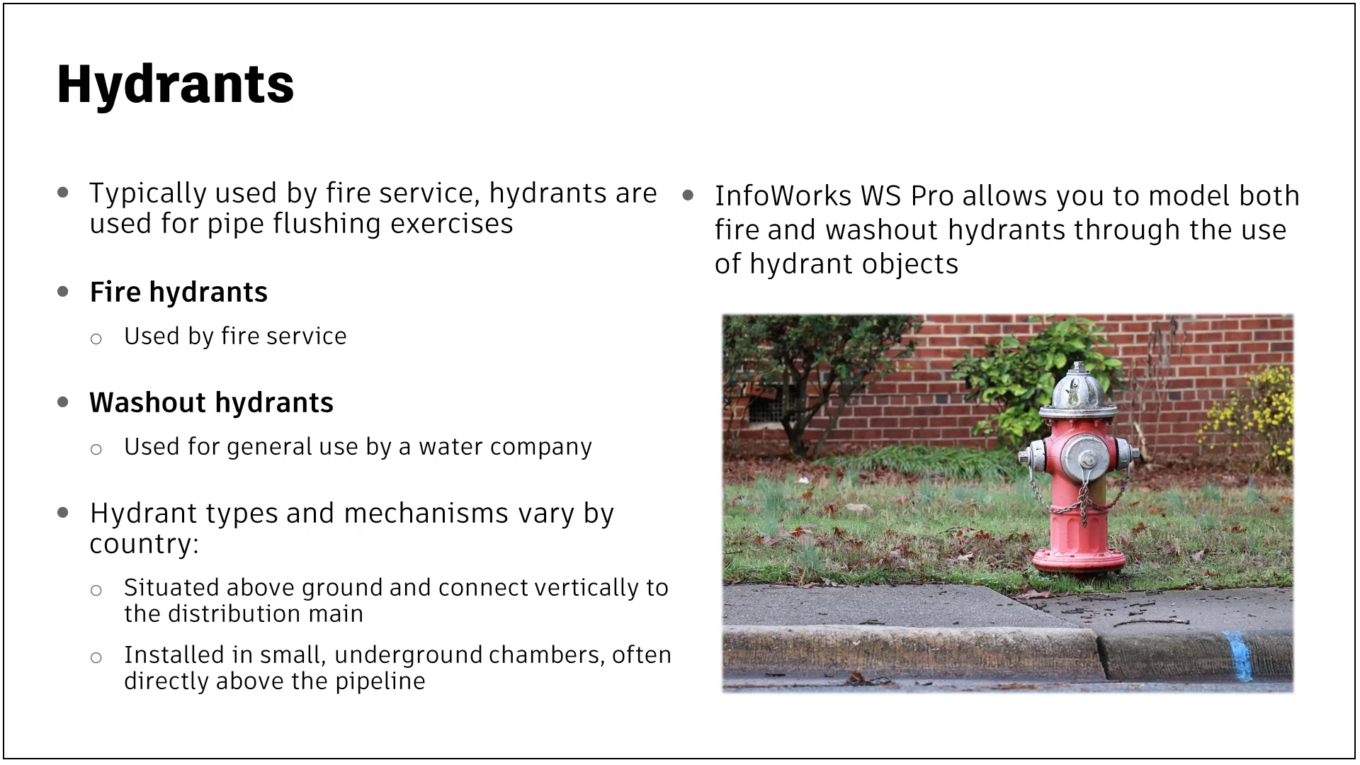 A presentation slide outlining types of hydrants and their uses.