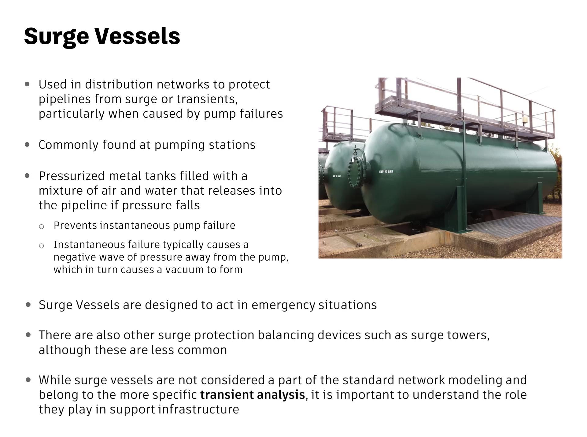 A presentation slide displaying information about surge vessels.