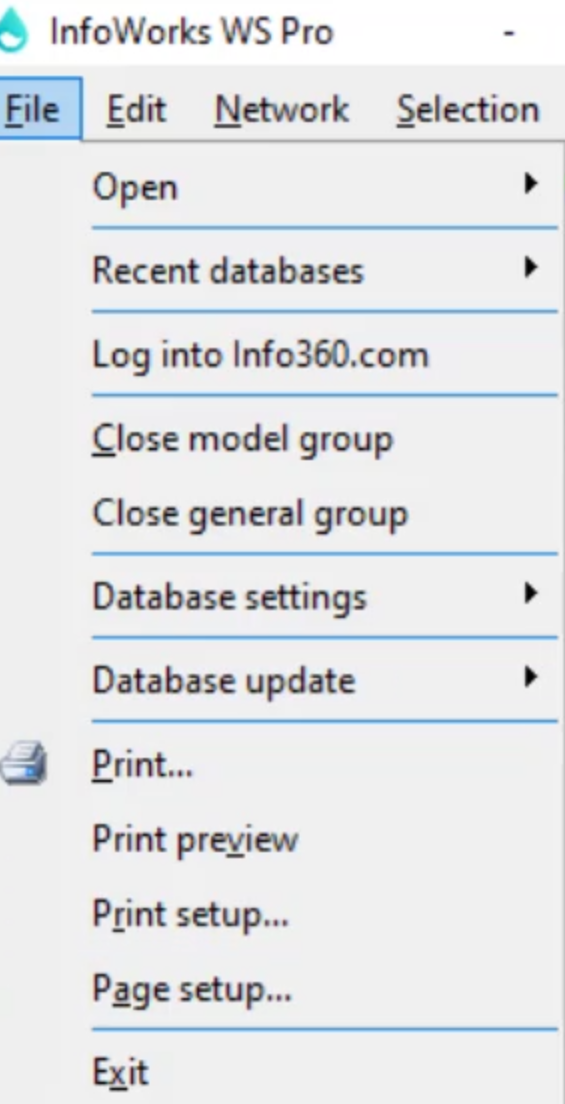 The InfoWorks WS Pro File menu.