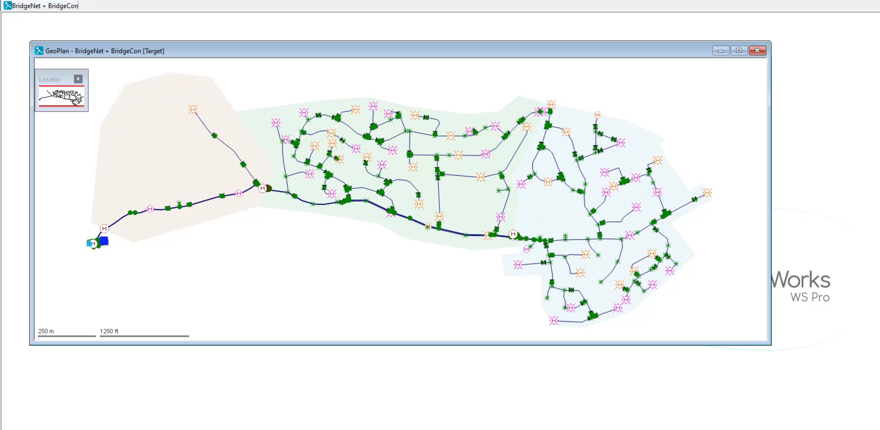 The InfoWorks WS Pro main window with an open network GeoPlan.