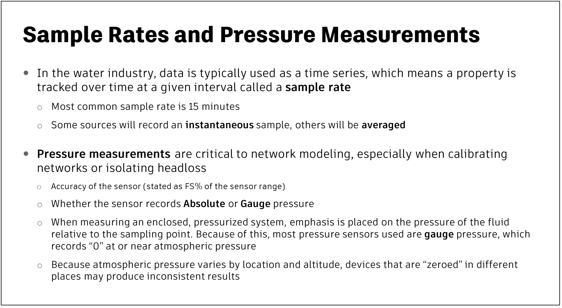 A presentation slide displaying information about sample rates and pressure measurements.