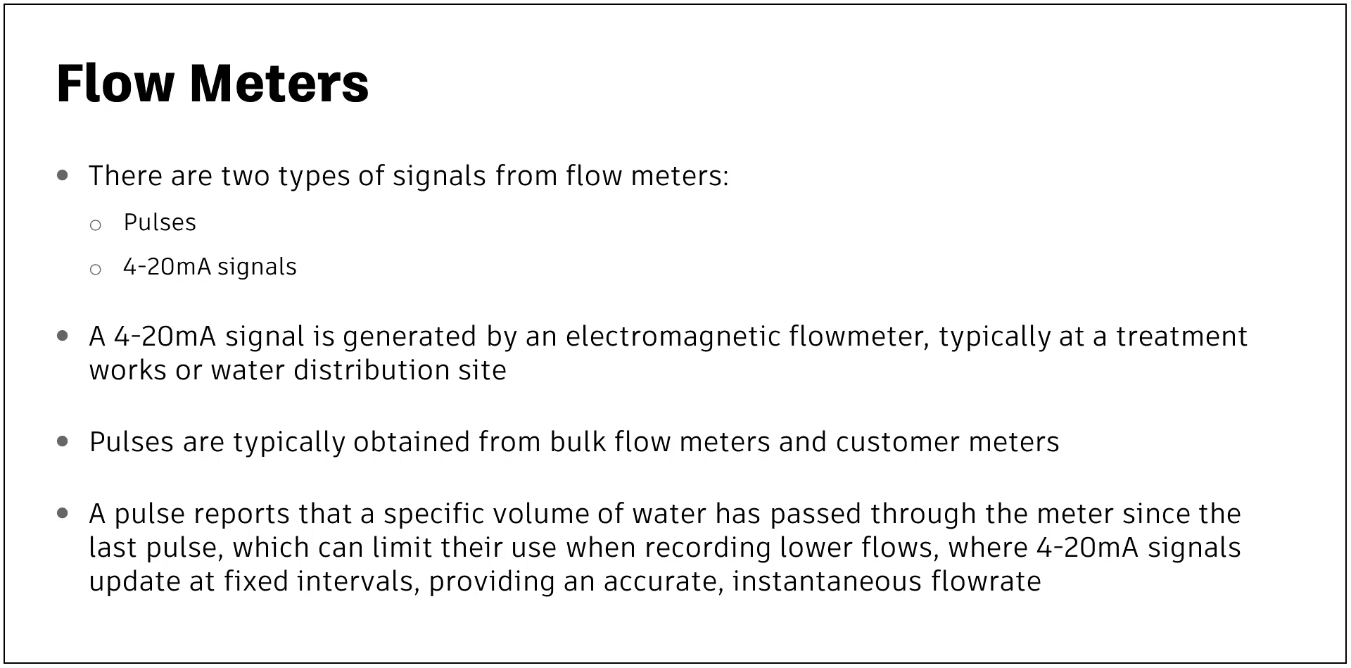 A presentation slide displaying information about the two types of signals from flow meters.