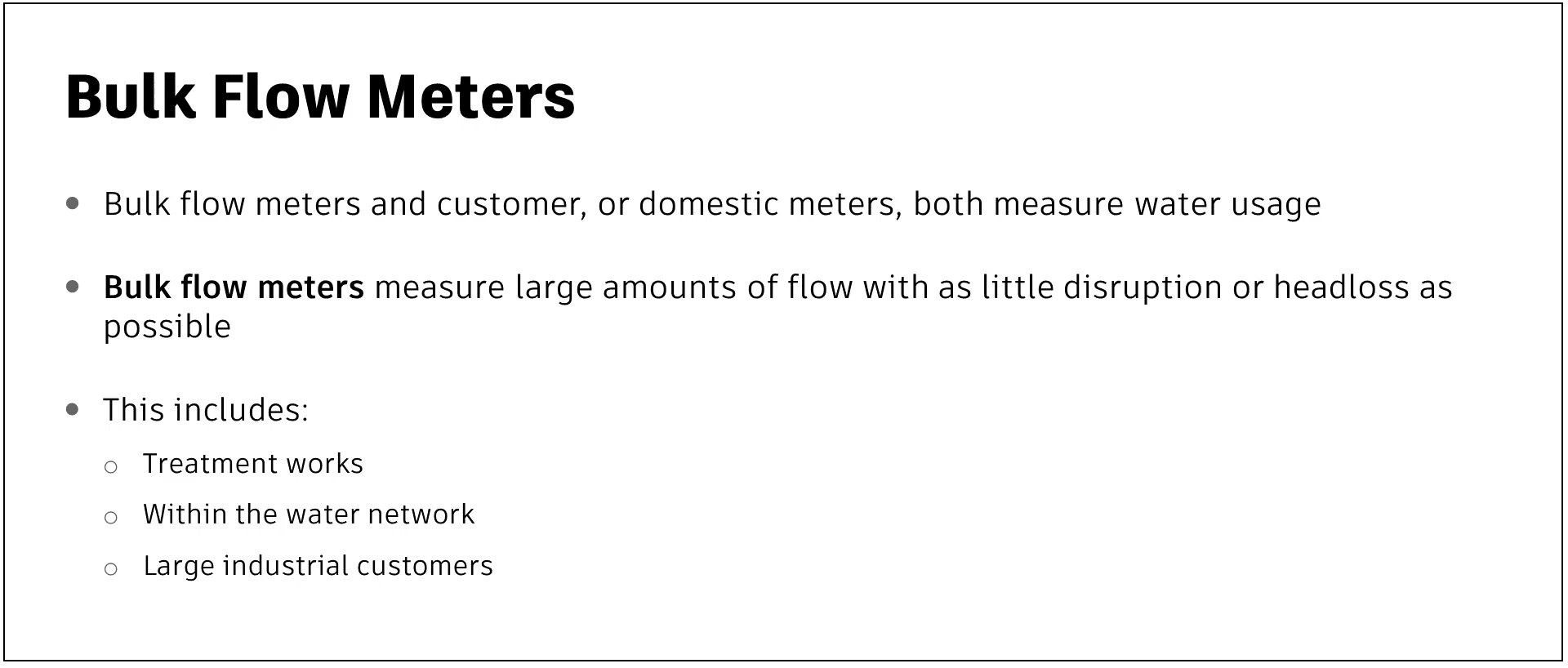 A presentation slide displaying information about bulk flow meters.