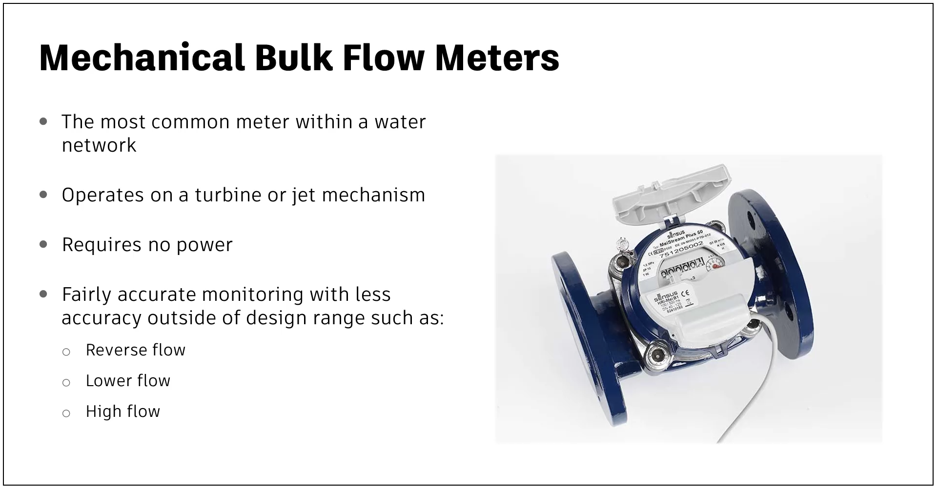 A presentation slide displaying information about mechanical bulk flow meters.