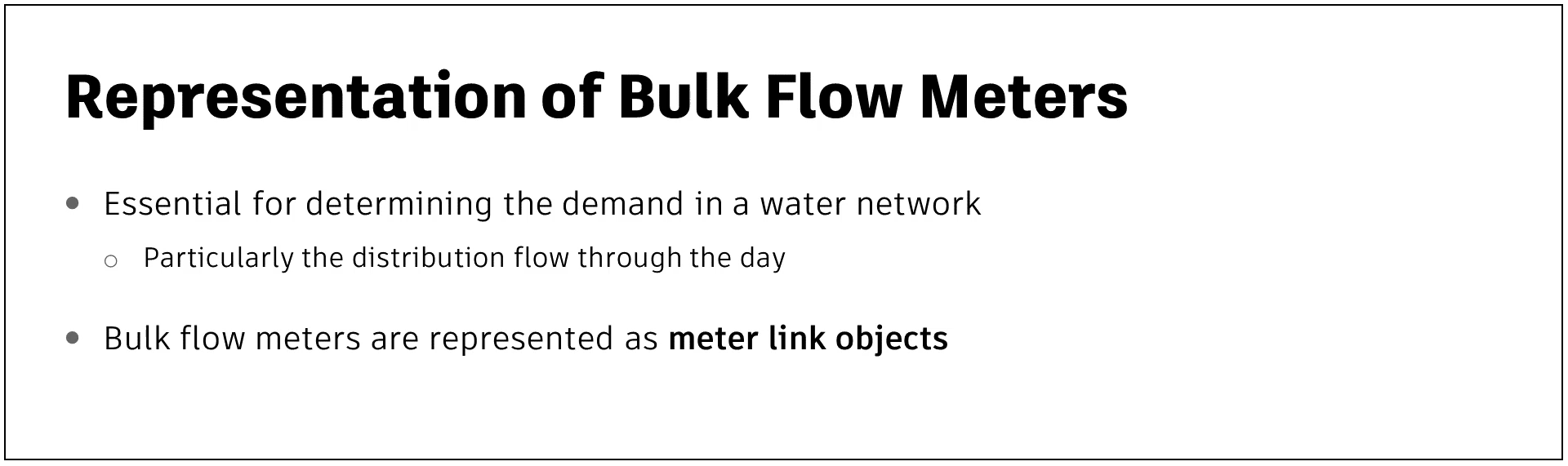 A presentation slide displaying information about the representation of bulk flow meters.