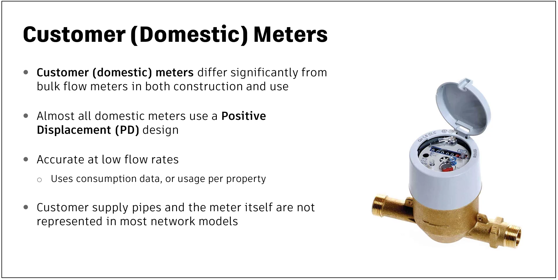 A presentation slide displaying information about customer, or domestic, meters.