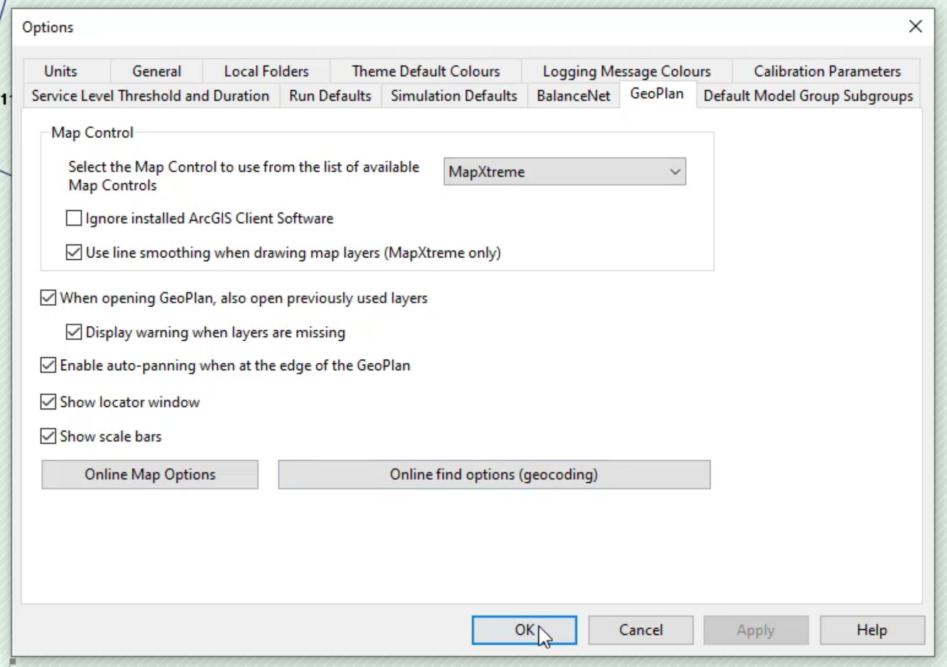 The Options dialog box, GeoPlan tab, with Enable auto-panning when at the edge of the GeoPlan and OK selected.