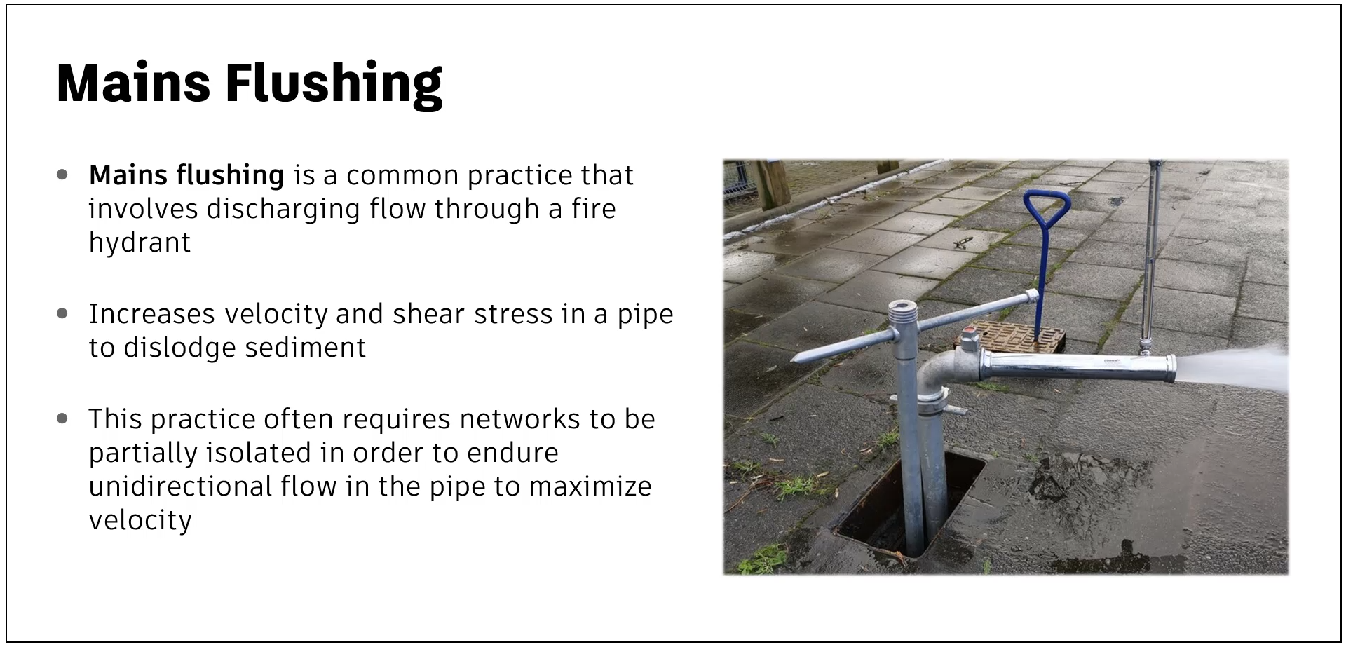 A presentation slide displaying information about mains flushing.