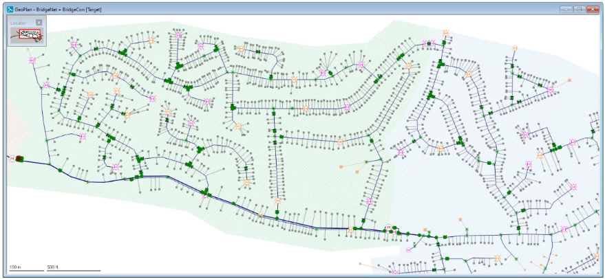 The network in InfoWorks WS Pro displayed in the GeoPlan.