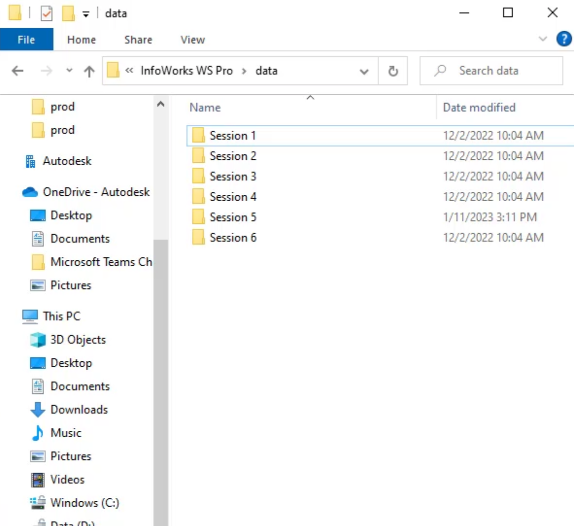 The Data folder displayed in a file explorer, with additional subfolders displayed, labeled by session number.