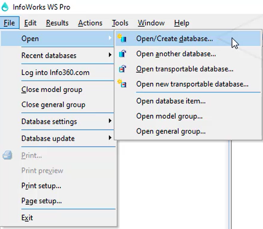 The File menu with the Open flyout displayed and Open/Create database selected.