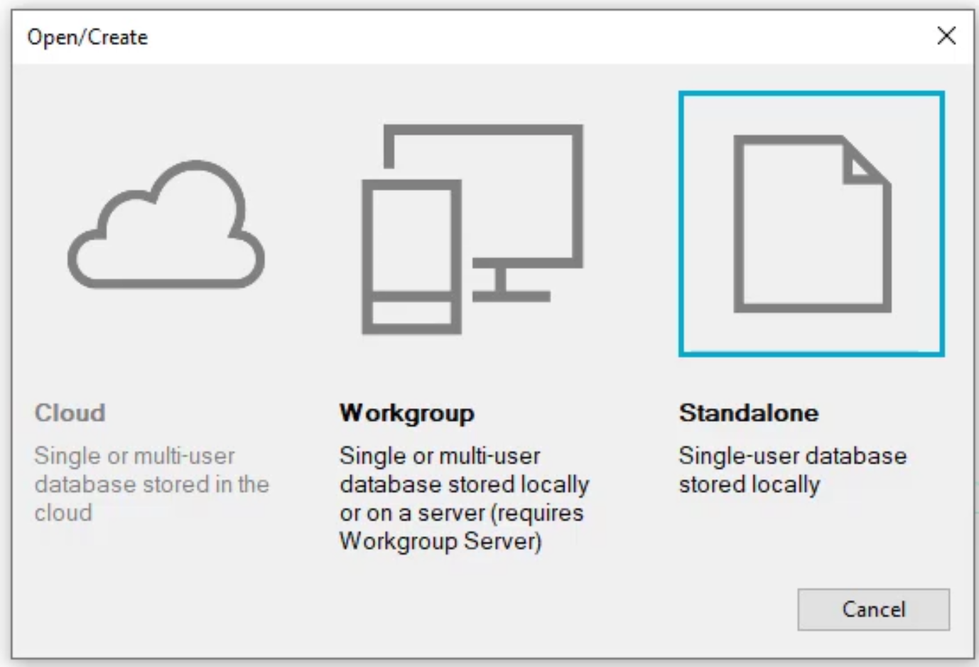 The Open/Create dialog box with the Standalone option highlighted.