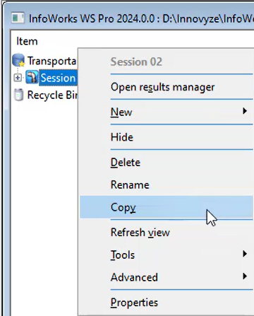 The transportable database dialog box with the Session 02 shortcut menu displayed and Copy selected.