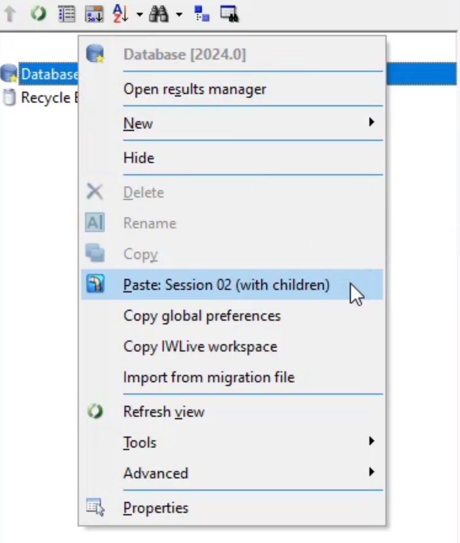 The Model Group window with the Database shortcut menu displayed and Paste: Session 02 (with children) selected.