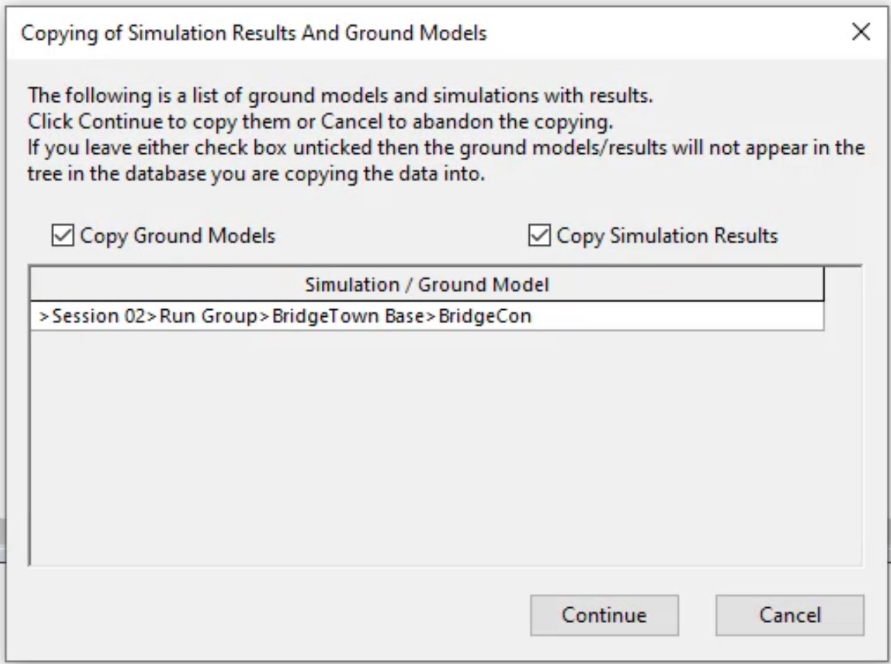 The notification dialog box showing Session 02 ground models and simulations, with both Copy Ground Models and Copy Simulation Results enabled.