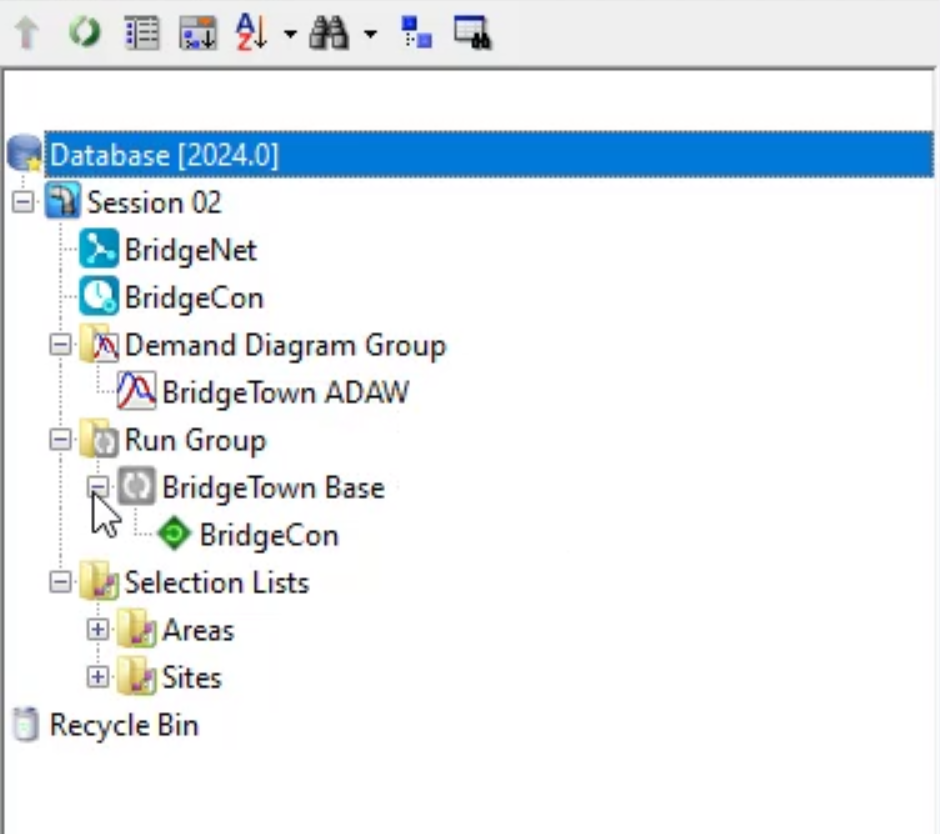 The Model Group window with the file tree expanded and the BridgeCon run displayed under BridgeTown Base.