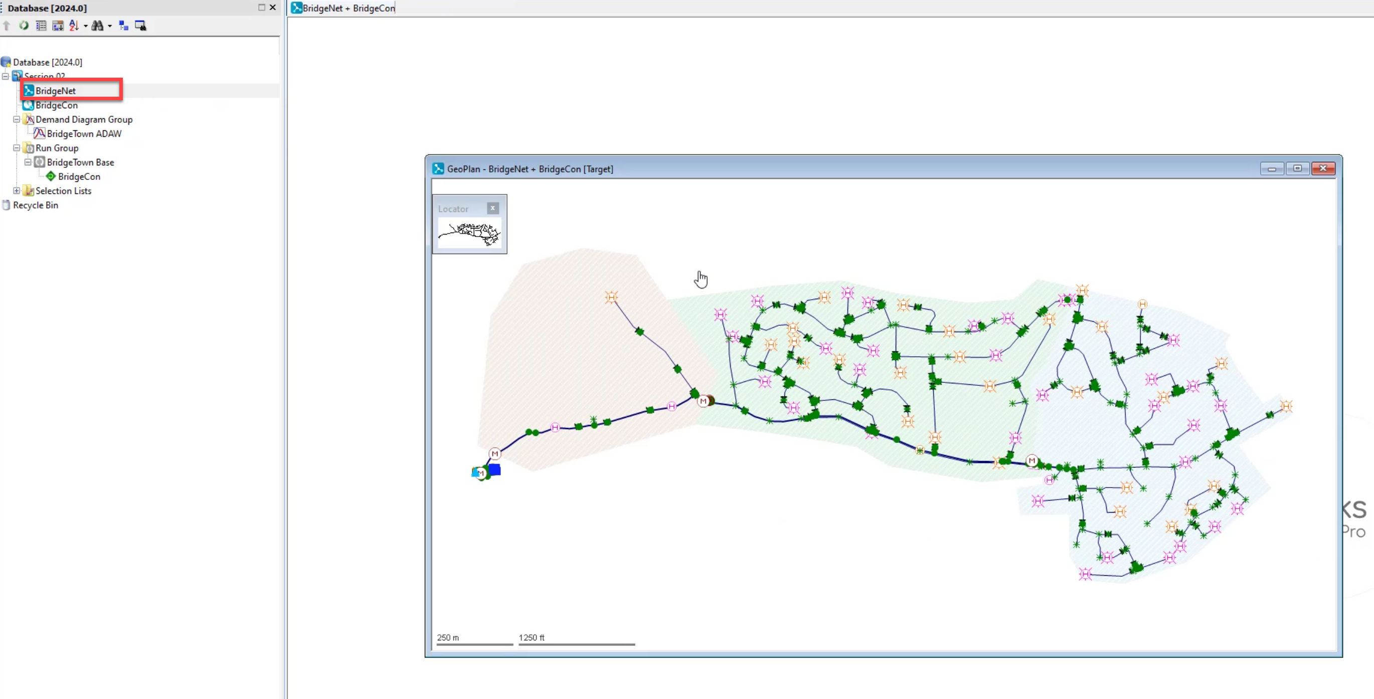 The InfoWorks WS Pro interface with the network highlighted in the Model Group window and the BridgeNet GeoPlan open in the workspace.