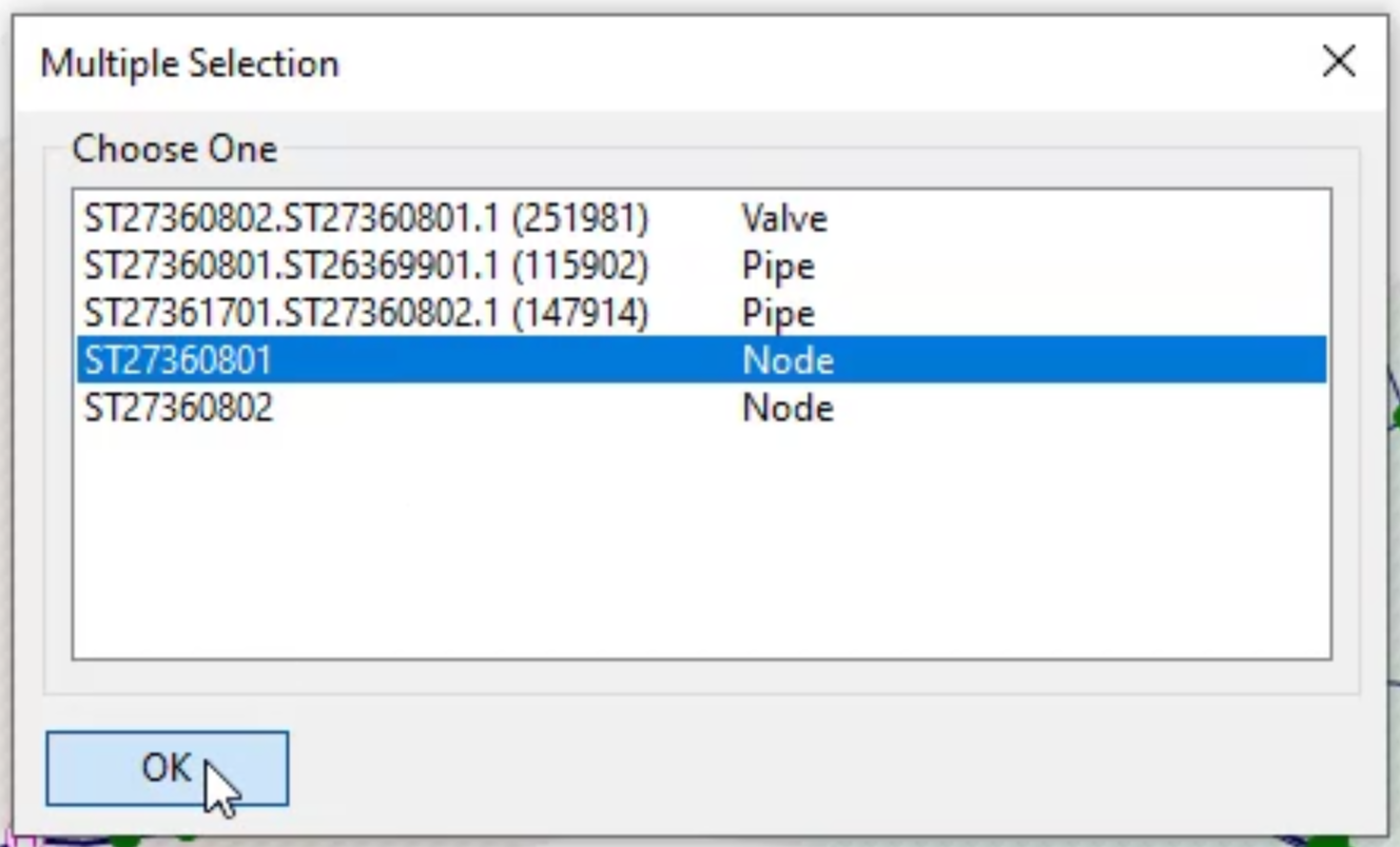 The Multiple Selection dialog box box with a node selected.