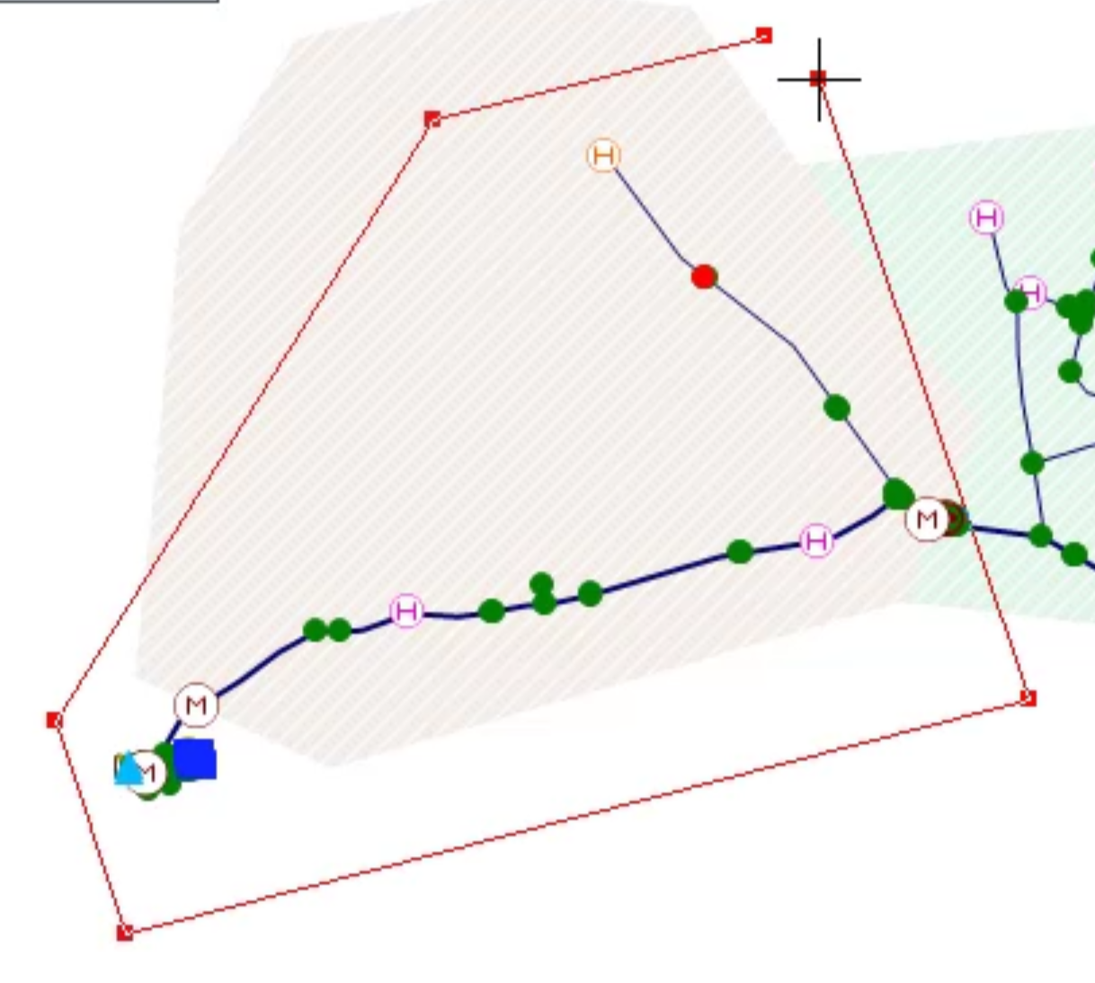 The GeoPlan with a polygon being created around a group of objects to select them.