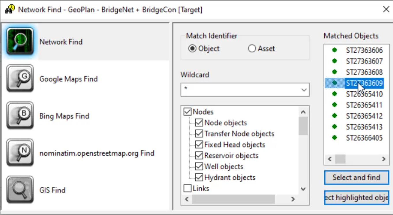 The Network Find dialog box with an asterisk in the Wildcard box and a node selected under Matched Objects.