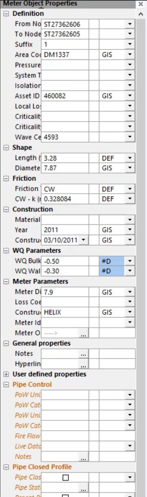 The Properties panel for a meter object, displaying definition, shape, friction, and other properties.