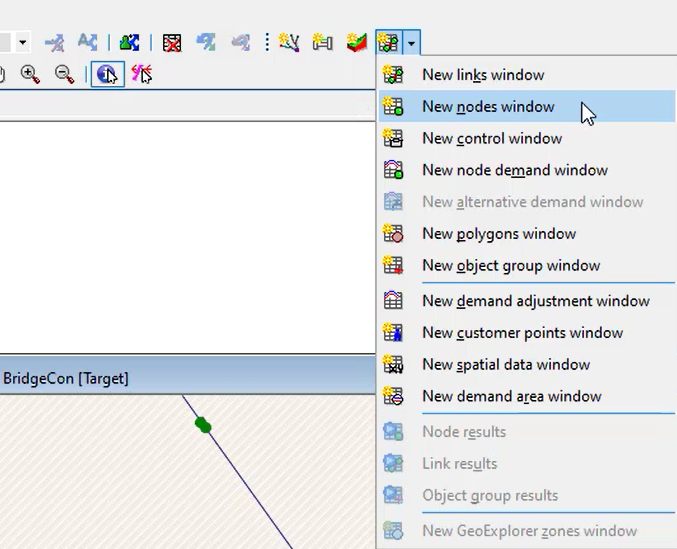 The Windows toolbar with the Grid windows drop-down displayed and New nodes window selected.