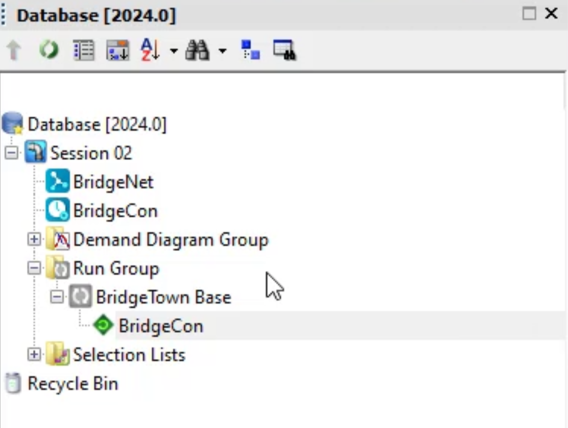 The Model Group window with the tree view expanded to show the Database contents, with the BridgeCon run highlighted for selection.