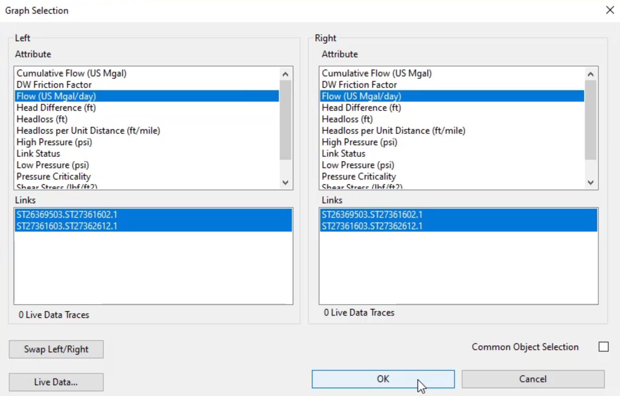 The Graph Selection dialog box with Flow selected for both the left and right attributes for the selected pipe objects.