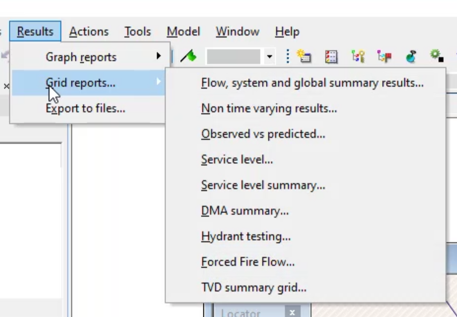 The Results menu with the Grid Reports flyout displayed, to show all options that could be chosen.