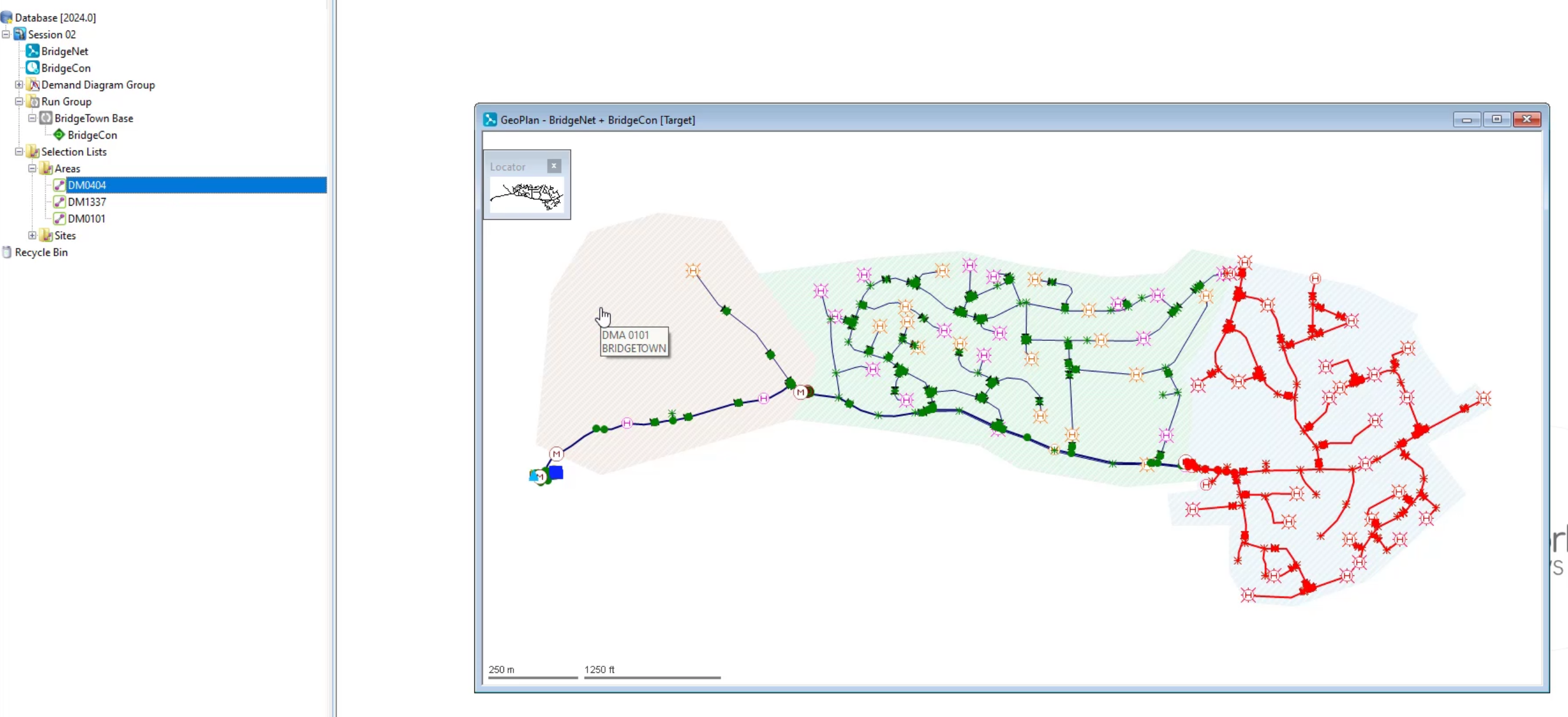 The Model Group window with the database expanded to show its contents, the DM404 selection list highlighted, and the GeoPlan with the Demand Area applied.