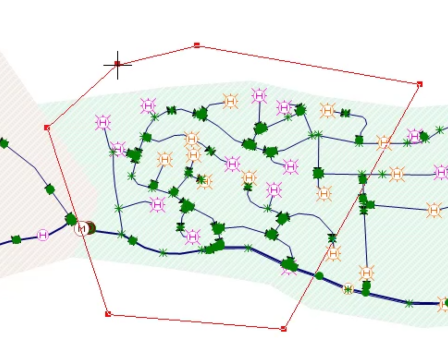 In the GeoPlan, a polygon created around the desired selection area, with objects inside highlighted and selected.